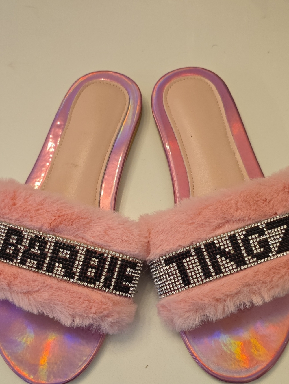 Pink Faux Fur Women Slides with Rhinestone 'Barbie' Accent 8.5 Sz